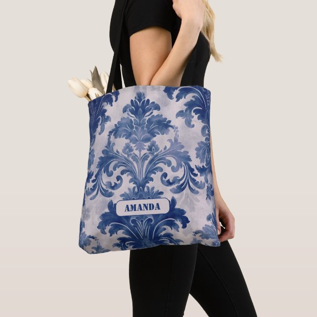 Bolso De Tela Elegante damasco Blue toile de jouy monograma (Detalle)