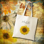 Bolso De Tela Elegante de girasol moderno personalizado<br><div class="desc">Moderna bolsa de tote con flor de girasol amarillo personalizado,  con tipografía de escritura negra de personalizable. Disfruta de este elegante accesorio para uso diario o como regalo para alguien especial.</div>