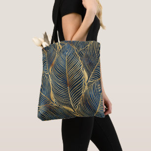 Bolso De Tela Elegante diseño de hoja de oro azul