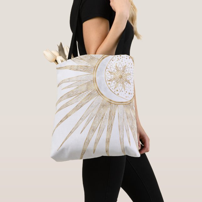 Bolso De Tela Elegante Doodles dorados Sun Moon Mandala Diseño (Detalle)