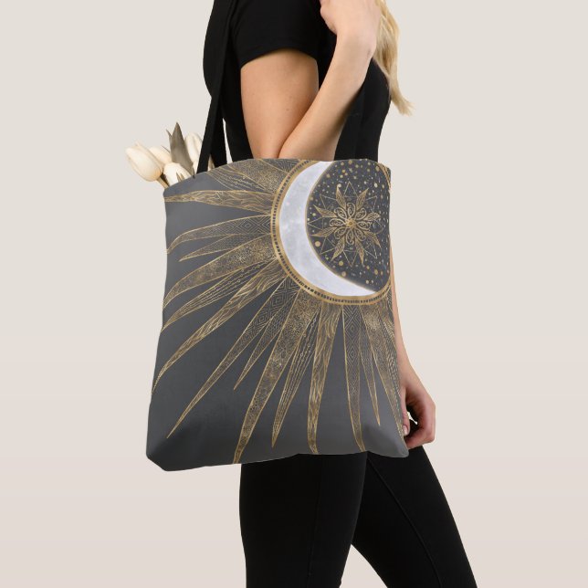 Bolso De Tela Elegante Doodles dorados Sun Moon Mandala Diseño (Detalle)