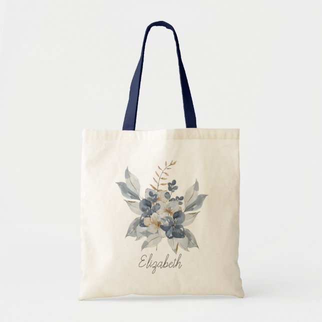 Bolso De Tela Elegante Dusty Blue Navy Floral Bouquet (Frente)