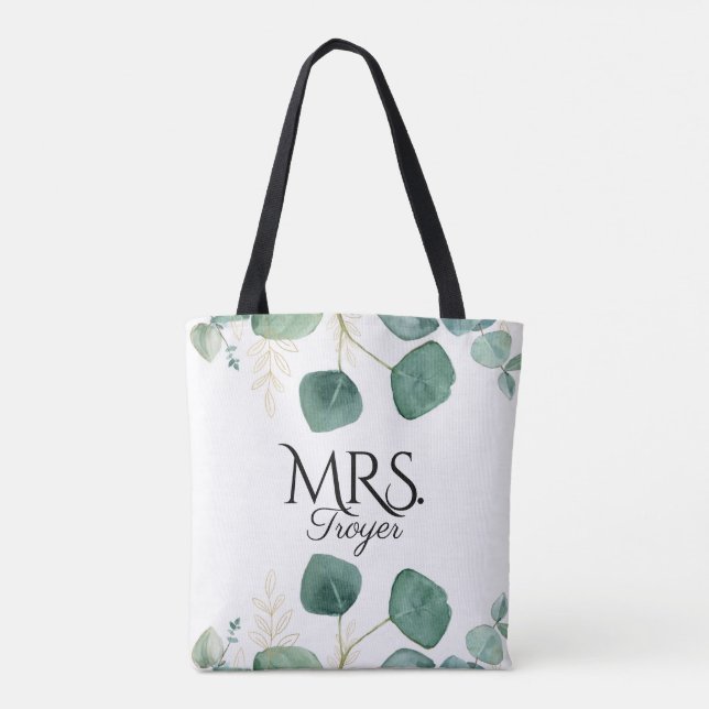 Bolso De Tela Elegante Eucalyptus Greenery Nombre Personalizado  (Reverso)