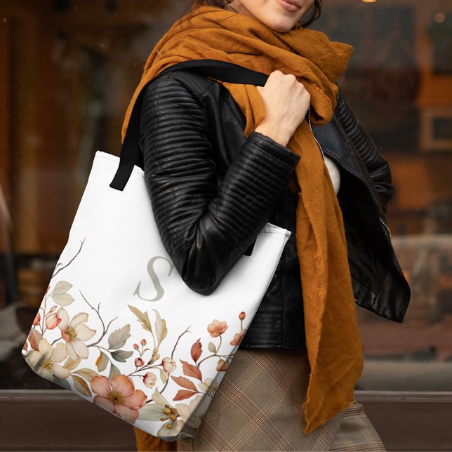 Bolso De Tela Elegante Fall Floral acuarela Monograma Blanco (Subido por el creador)