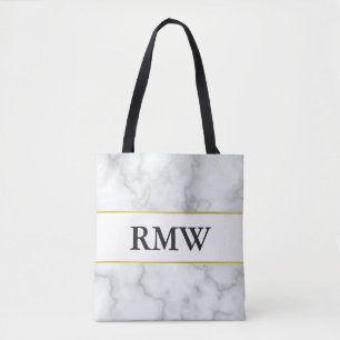 Bolso De Tela Elegante Faux White Marble & Gold Monogramado