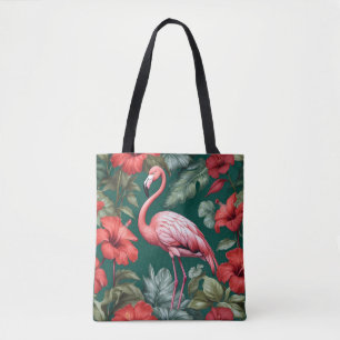 Bolso De Tela Elegante Flamingo Hibiscus Flowers Emerald Green