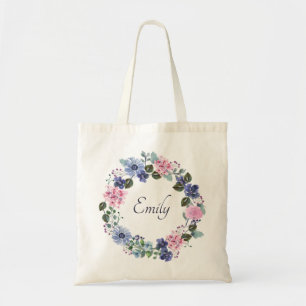 Bolso De Tela Elegante Floral Azul Monograma Nombre Dama de Hono