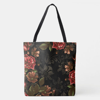 Bolso De Tela Elegante Floral de color negro grabado