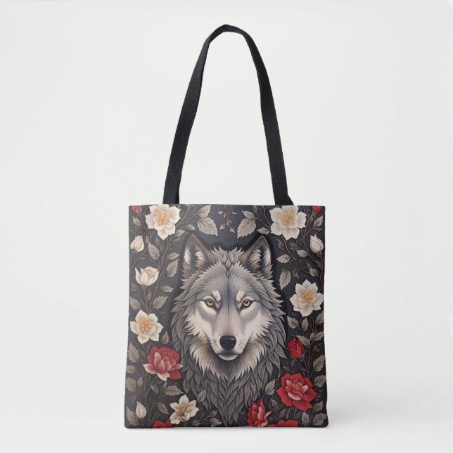 Bolso De Tela Elegante Floral de Lobo Gris (Anverso)