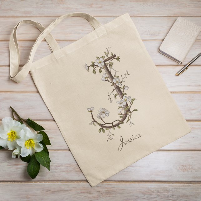 Bolso De Tela Elegante Floral 'J' Monograma Botánico Nombre pers (Subido por el creador)