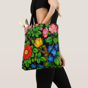 Bolso De Tela Elegante Floral Negro 