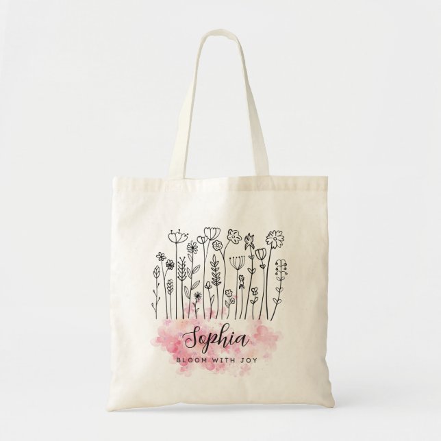 Bolso De Tela Elegante floral rosa "Bloom con alegría" acuarela (Frente)