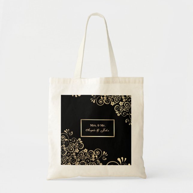 Bolso De Tela Elegante flores doradas, marco (Frente)