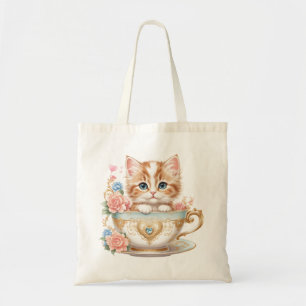 Bolso De Tela Elegante Gatito en Teacup - Diseño floral -