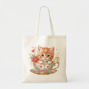 Bolso De Tela Elegante Gatito Rojo en Teacup - Diseño floral -