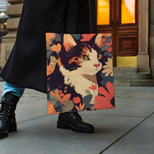 Bolso De Tela Elegante gato calico en jardín floral