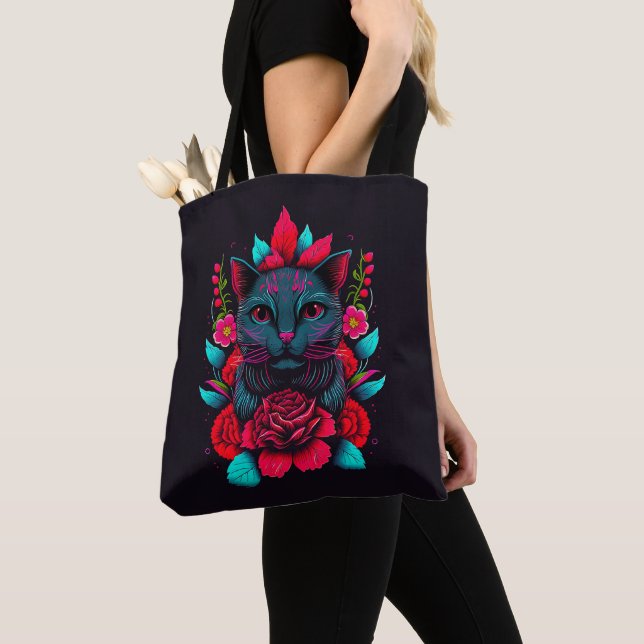 Bolso De Tela Elegante gato negro rodeado de rosas rojas | (Detalle)