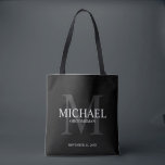 Bolso De Tela Elegante Groomsmen Negro Personalizado<br><div class="desc">Añada un toque personal a su boda con una bolsa de tocador personalizada. Este bolso presenta el nombre personalizado del groomsman con el título y la fecha boda en blanco y monograma en gris como fondo, en estilo clásico serif, sobre fondo negro. También perfecto para el mejor hombre, padre de...</div>