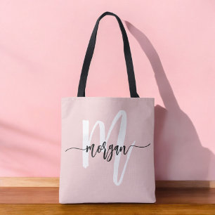 Bolso De Tela Elegante guión moderno rosado nombre del monograma