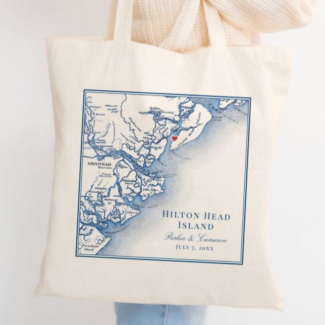 Bolso De Tela Elegante Hilton Head Map Navy Blue Boda (Hilton Head Island Wedding Tote Bag Personalized with couples names and elegant navy blue map)