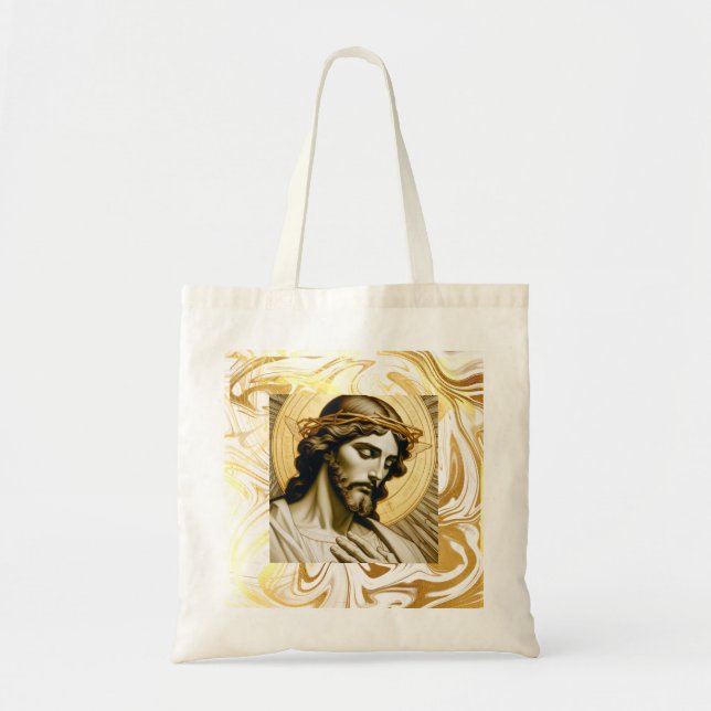 Bolso De Tela Elegante Jesús Blanco y Oro Inspirado en la Fe (Frente)