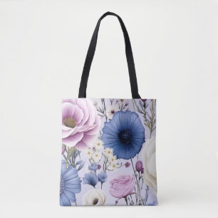 Bolso De Tela Elegante Lavanda Azul Flor Blanca Jardín Floral