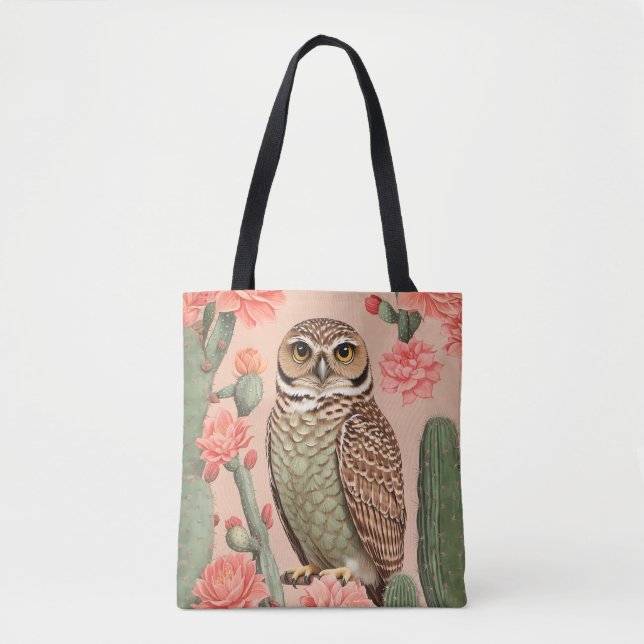 Bolso De Tela Elegante Lechuza Y Cactús (Anverso)