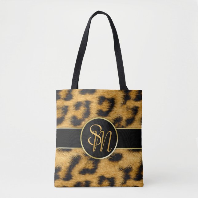 Bolso De Tela Elegante Leopard Print Monograma Script - Tote Bag (Anverso)