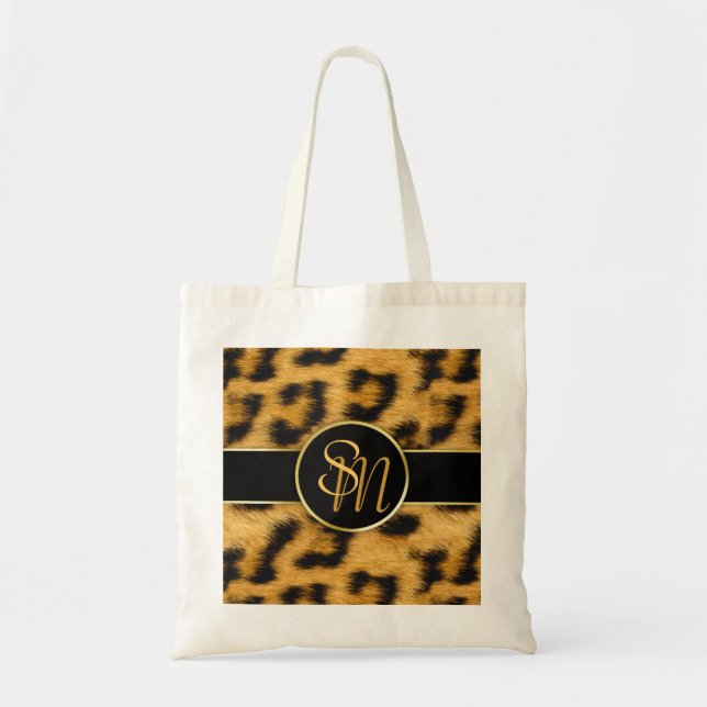 Bolso De Tela Elegante Leopard Print Monograma Script Tote de pr (Frente)