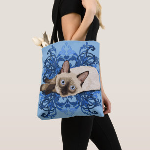 Bolso De Tela Elegante línea floral azul siamesa de gatos Bonito