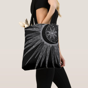 Bolso De Tela Elegante luna de sol plateado Mandala Diseño negro