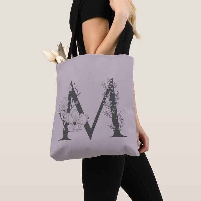 Bolso De Tela Elegante M Boho Floral Monograma Lilac Gris Inicia (Detalle)