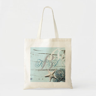 Bolso De Tela Elegante madera BLue Seashells Beach Wedding