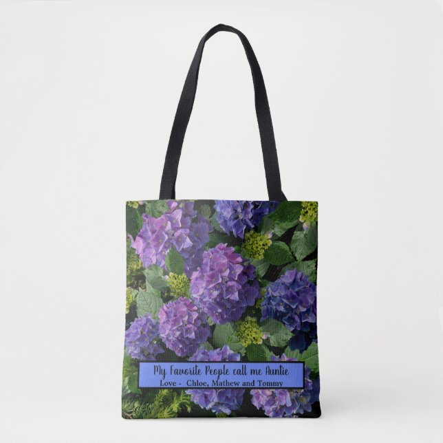 Bolso De Tela Elegante magenta púrpura azul verde hidrangea flor (Anverso)