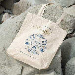 Bolso De Tela Elegante Marina Clásica Azul Feliz Floral Hanukkah