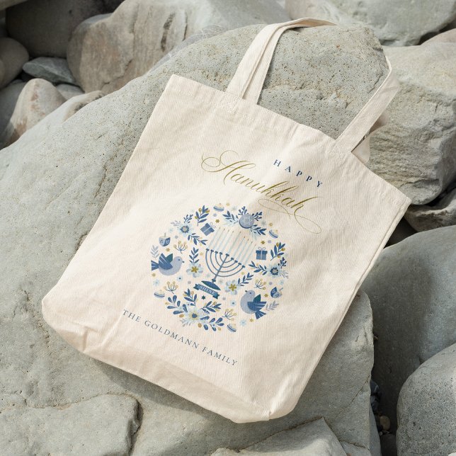 Bolso De Tela Elegante Marina Clásica Azul Feliz Floral Hanukkah (Subido por el creador)