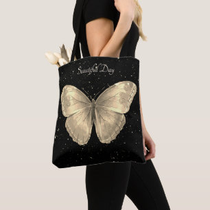 Bolso De Tela Elegante mariposa dorada y cielo negro con estrell