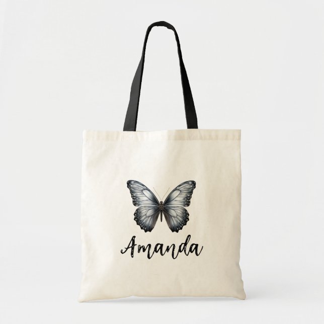 Bolso De Tela Elegante Mariposa Gris Nombre Girly Tote Bag (Frente)
