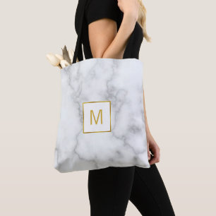 Bolso De Tela Elegante Mármol Blanco Aspecto Faux Gold Monograma