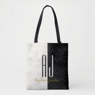 Bolso De Tela Elegante Mármol Negro y Blanco Moderno Monograma