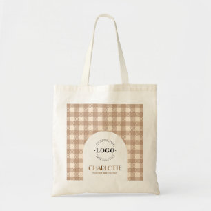 Bolso De Tela Elegante marrón beige Gingham preppy Logo Empresa