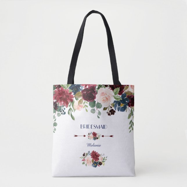 Bolso De Tela Elegante Merlot Marina Azul Floral Bridesmaid (Anverso)