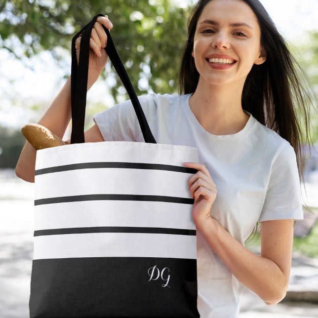 Bolso De Tela Elegante Moderno audaz Stripe Monograma Iniciales  (Elegant Modern Bold Stripes  Monogrammed Initials Black & White Canvas Shopping  Stylish Tote Bag
)