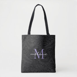 Bolso De Tela Elegante Monograma de Flor Lavanda Negra con Letra