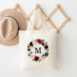Bolso De Tela Elegante Monograma de la flor de Borgoña y Rubor<br><div class="desc">Acelere su juego de tote con nuestras elegantes bolsas de té personalizadas con la flor encantada. La elegante bolsa de té incluye su monograma personalizado o inicial rodeado de una corona de flores color burdeos, rosa rubor y azul marino a las flores color agua complementadas con un frondoso follaje verde....</div>