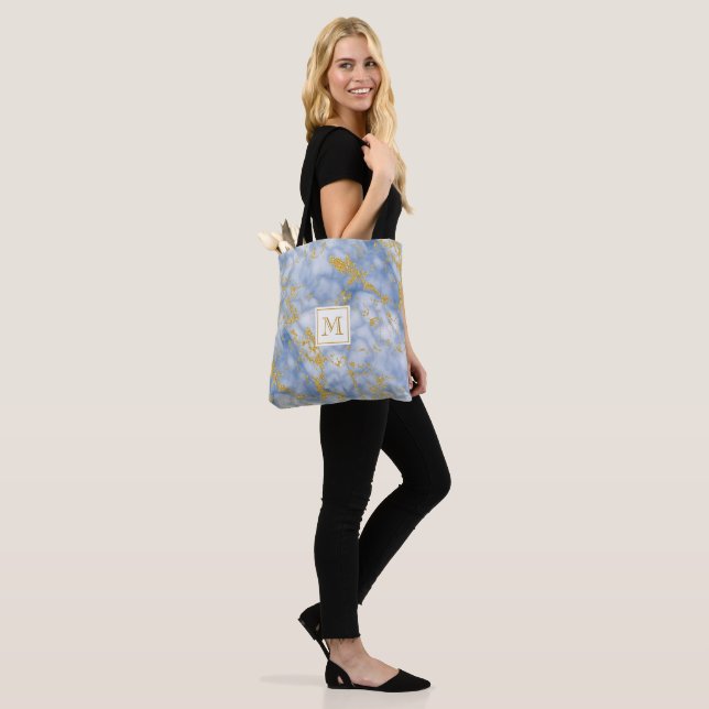 Bolso De Tela Elegante Monograma de Mármol Azul Faux Gold Purpur (Puesto)