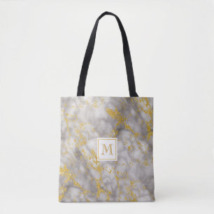 Bolso De Tela Elegante Monograma de Mármol Gris Faux Gold Purpur