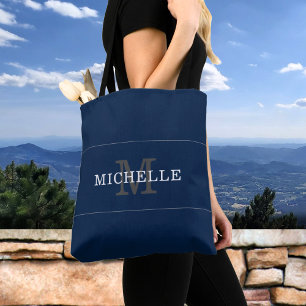 Bolso De Tela Elegante Monograma de Plata Azul Personalizado