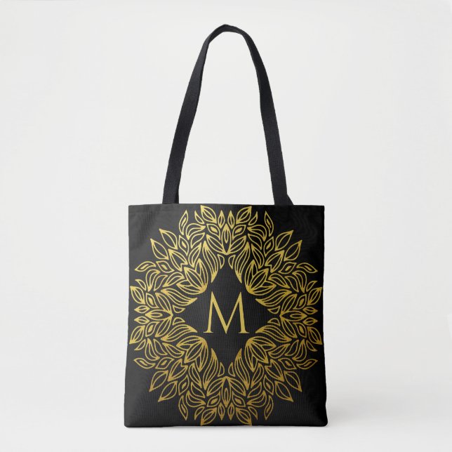Bolso De Tela Elegante Monograma Dorado Mandala Lujo (Anverso)