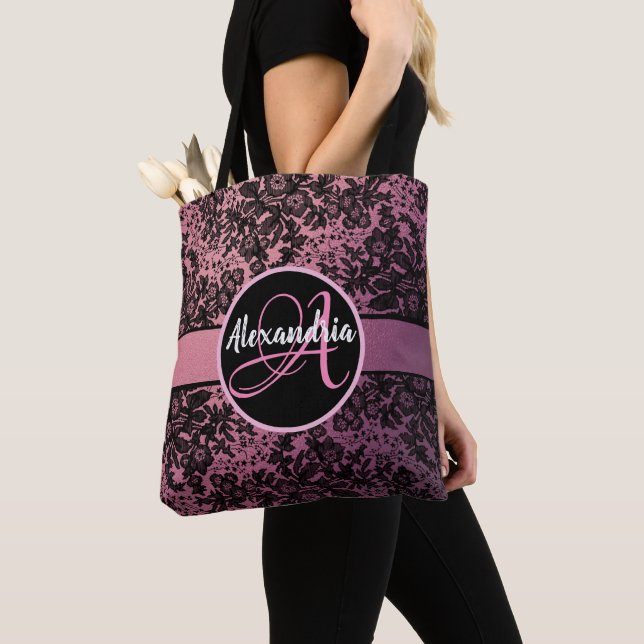 Bolso De Tela Elegante monograma floral negro Rubor rosa (Detalle)